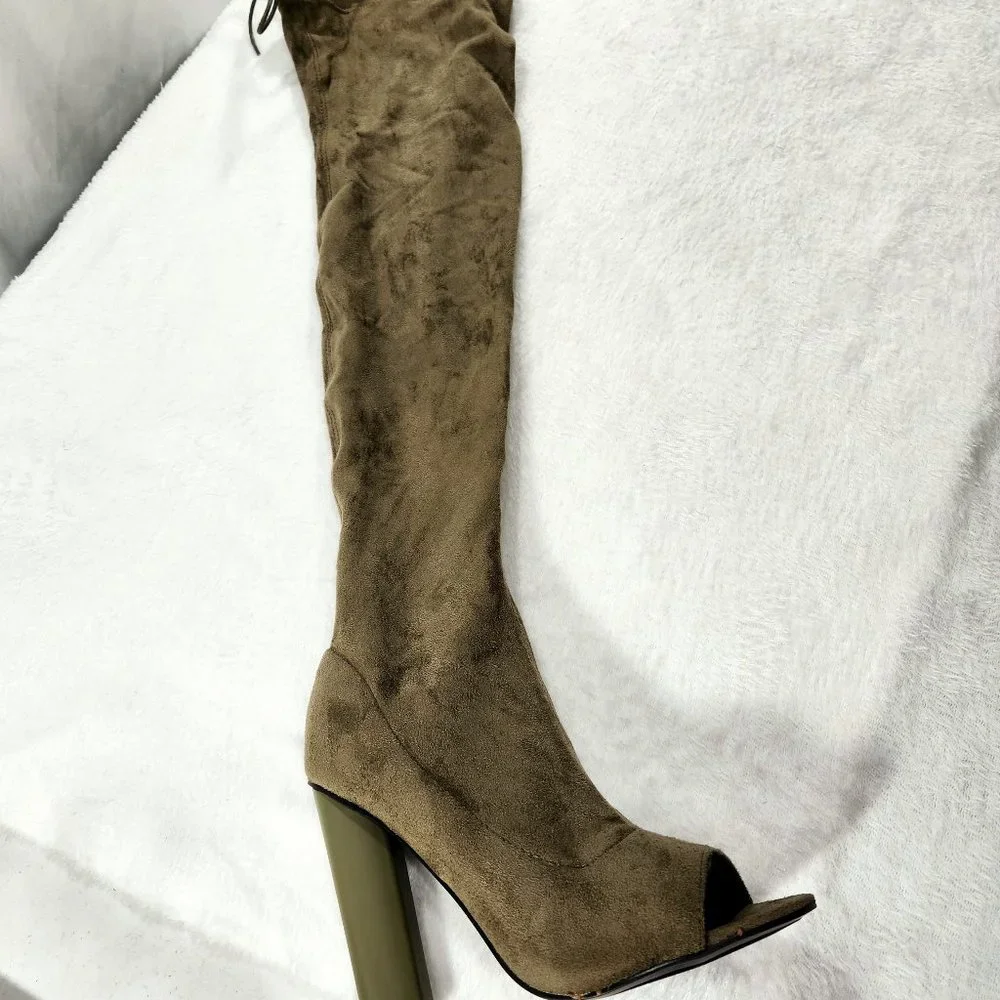 *So Me Olive Green Open Toe Stretch Stocking OTK Thigh Boots 4